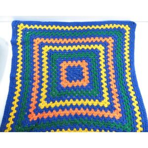 VTG Handmade Crochet Blue Yellow Green Orange Square Baby Blanket Afghan 32"x32"